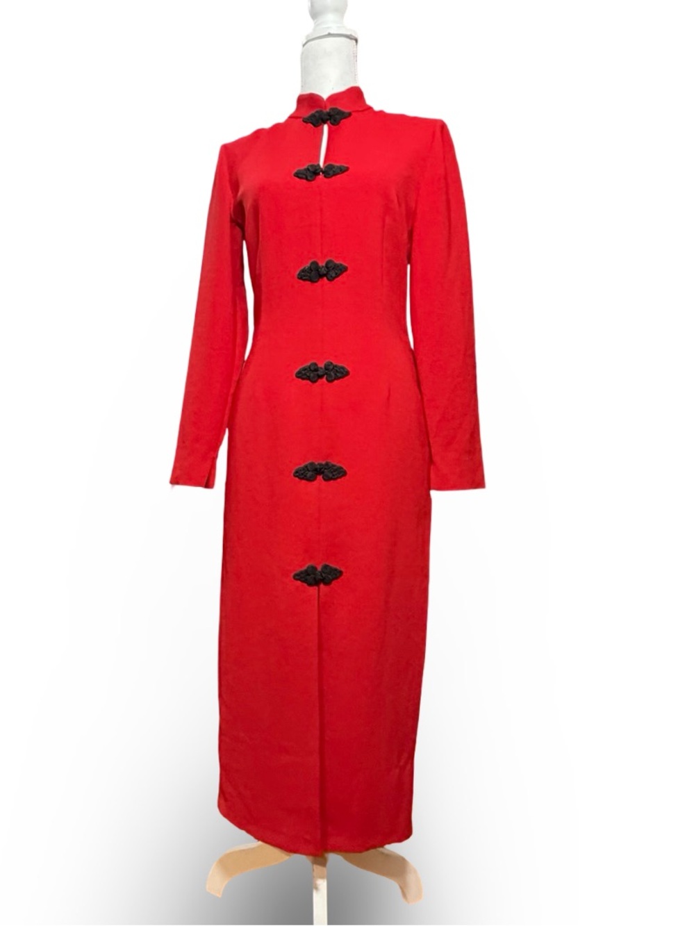 Zara Red Mandarin Collar Midi Dress with‎ Frog Fasteners S
